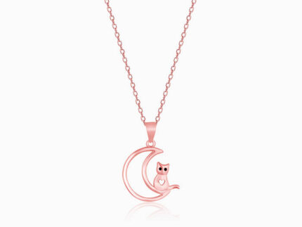 Rose Gold Cat In Crescent Moon Pendant with Link Chain